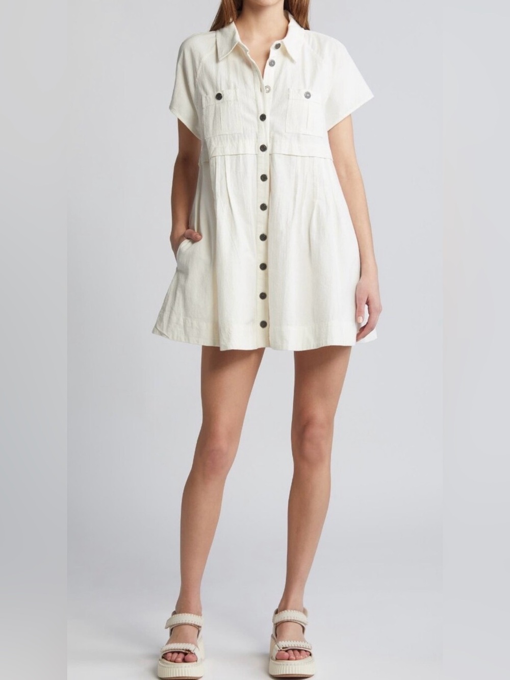 Free People Sz M Ronnie Cotton Poplin Mini Shirtdress White button up dress
